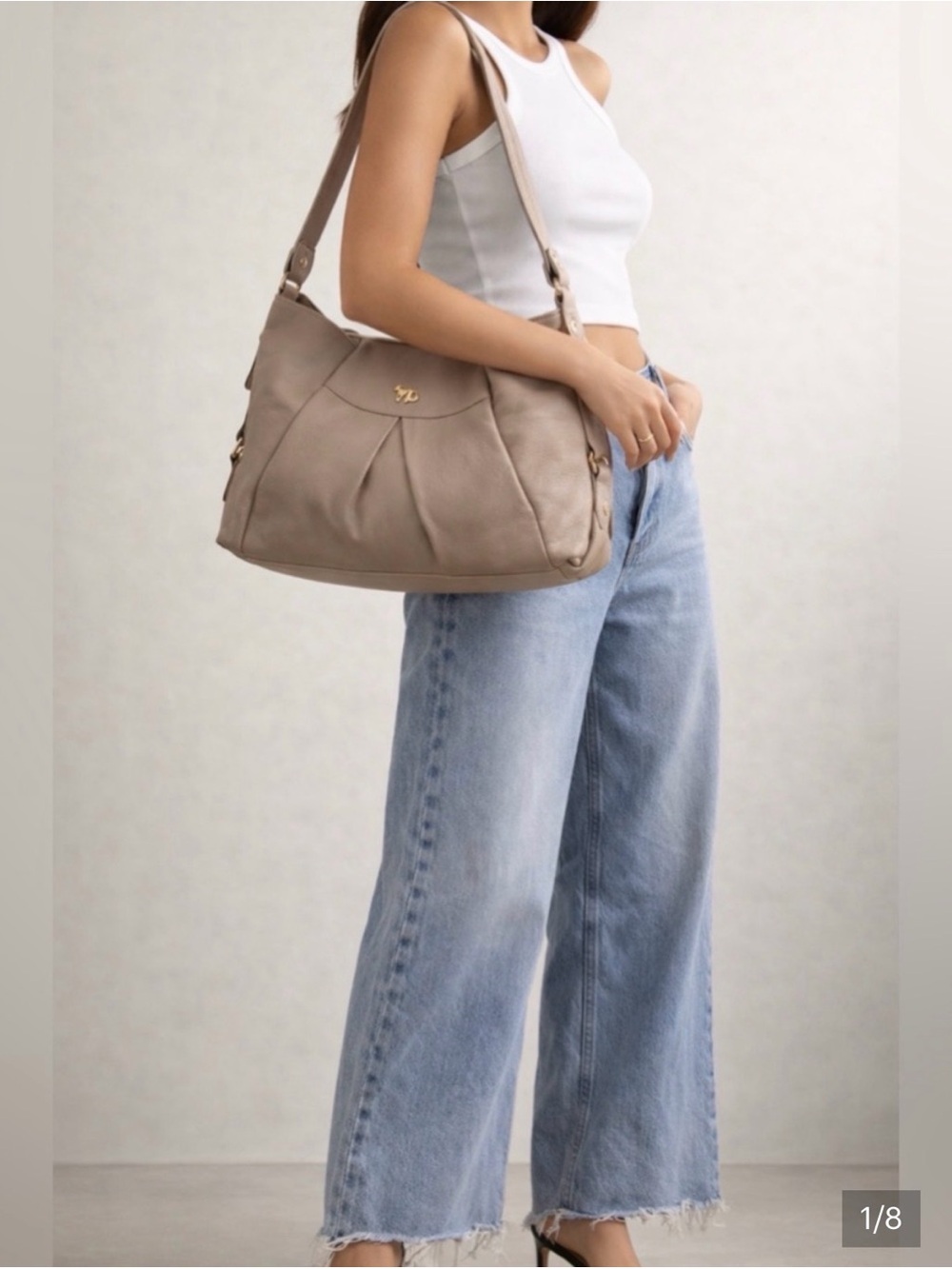 Emma Fox Elegant kiss lock Beige Shoulder Bag